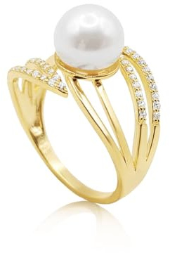 PERORNO Anillo autentica Perla Cultivada 8 mm de forma redonda y Oriente y brillo alto, Plata Dorada 925, engastado en Circonitas, Sortija joyeria