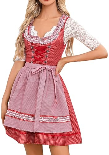 Zeagoo Dirndl - Abito tradizionale bavarese da donna, elegante, stile Oktoberfest, 2 pezzi, con grembiule, Motivo a pois rossi, XS