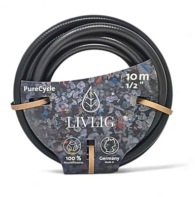 LIVLIG trädgårdsslang 10 m, trädgårdsslang svart tillverkad av 85 % återvunnet material, 1/2 tum vattenslang UV-resistent & tillverkad i Europa, bevattningsslang PureCycle