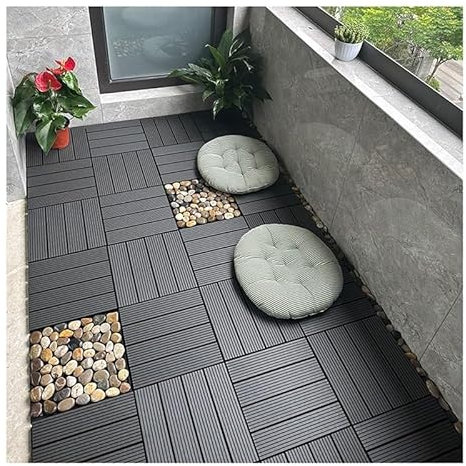 pujindu Holz-Duschbadematte, Kunststoff-Ineinander Greifende Terrassenfliesen, wasserdichte Terrassenbodenfliesen Für Drinnen Und Draußen Für Balkon, Hinterhof, Garten, Allwettereinsatz(Schwarz)