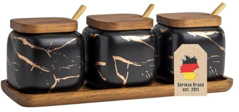 INTIRILIFE Zuckerdose 3er Set mit Deckel und Löffel- Gewürzbehälter 3 teilig aus Keramik in Marmor Optik schwarz mit Holztablett- Salz, Pfeffer, Gewürz Töpfe Schüssel Gläser, Vorratsdosen Küche