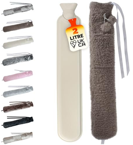LKH Long Hot Water Bottle with Cover UK - 2L Hot Water Bottles for Adults W/Faux Fur Cover, Pom Poms Straps Pocket & Wraparound Ties | Perfect for Pre-Heating Bed or Sofa for Keeping You Warm & Cozy