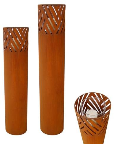 Lantern Column Set of 2 - Decorative Column for Garden in Industrial Design, Lantern for Outdoor and Indoor, Lantern Including Candles Oriental, 37.5'' & 29.5'' (Orange)