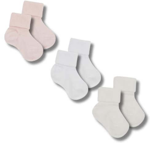 Coccoli | 3 Paia di Calzini Neonato Primigiorni in Cotone Caldo a Tinta Unita con Risvolto, Made in Italy (panna-bianco-rosa, 3/6)