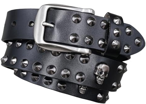 Surrycee Schwarz,105cm(34~36), Gürtel aus Rindsleder für Herren und Damen, mit Totenkopf und konischen Nieten, für Jeans, Hosen, lässiger Punk- und Gothic-Rock-Biker-Stil, 3,8 cm breit