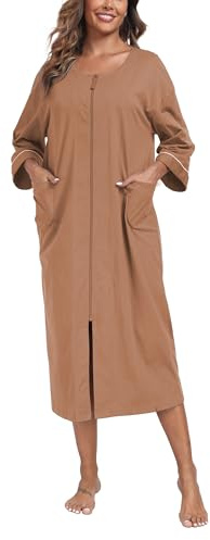 COLORFULLEAF Damen Bademantel mit Reissverschluss 100% Baumwolle Leicht Morgenmantel Hausmantel Damen Lang mit Taschen M-XXL(Braun,2XL)