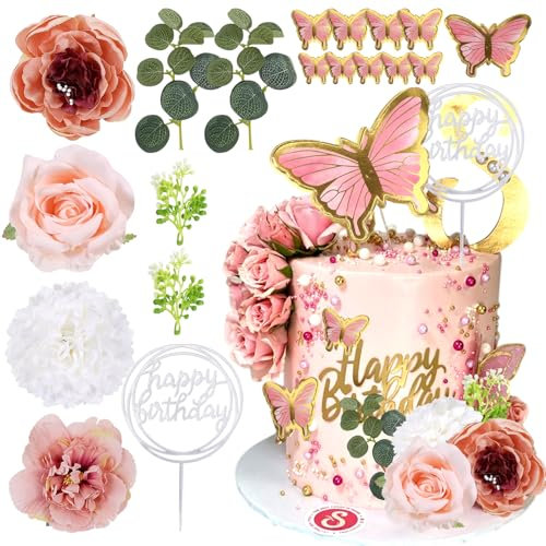 19 unidades de flores decorativas para tartas, mariposas, decoración para tartas de cumpleaños, decoración de tartas de boda, flores rosas con flores de eucalipto artificiales para fiestas de