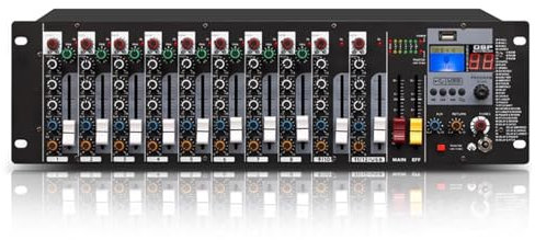 Vituord Stereo Line Rack Mixer, 8-Input Microphone Preamplifiers, Rackmount Audio Mixer, 3 Band EQ Per Channel, Support USB/MP3 Playback, XLR Inputs, For Recording Studios