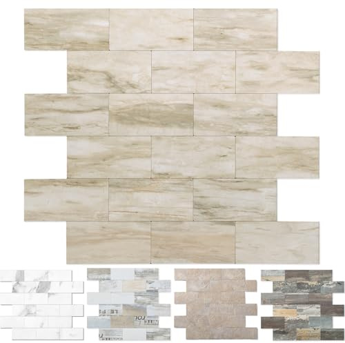OYASIMI OYASIMI 3D Self-Adhesive Wall Tiles, Kitchen, Matt, Marble Mosaic Tiles, Self-Adhesive Stone Look, Metro Tiles, Brick Wall Sticker, Bathroom Waterproof (5 Pieces, 30.5 x 30.5 cm, Slate Beige)
