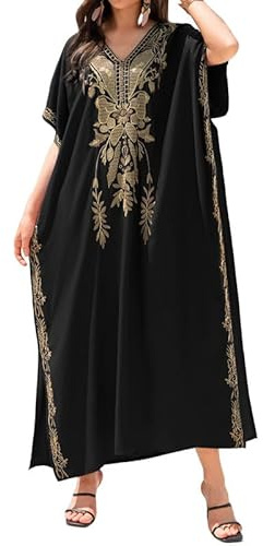 Bsubseach Dam broderi kortärmad bikini strandklänning sida delad strand kaftan klänning, Svart-Z, En Storlek