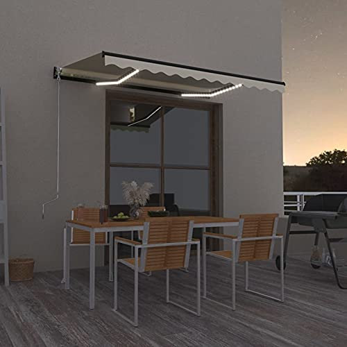 Hoodmeel Tende da Terrazzo, Tenda Sole Balcone, Tenda per Balcone Esterno, Tenda Retrattile Manuale con LED, 350x250 cm Crema