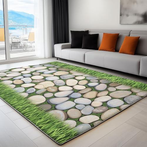 Indoor Area Rug - Non-Slip Natural Grass Pebbles Simple 160 x 230 cm Machine Washable Short Pile Carpet Light, Soft Touch Anti-Slip Backing Rugs for Bedroom, Kitchen Living Room