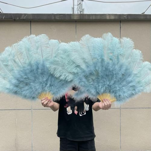 Grand éventail en plumes d'autruche blanches 13 branches 90/130 cm, pliable, pour carnaval, scène, opéra, décoration - Bleu clair - 1 pièce 130 cm