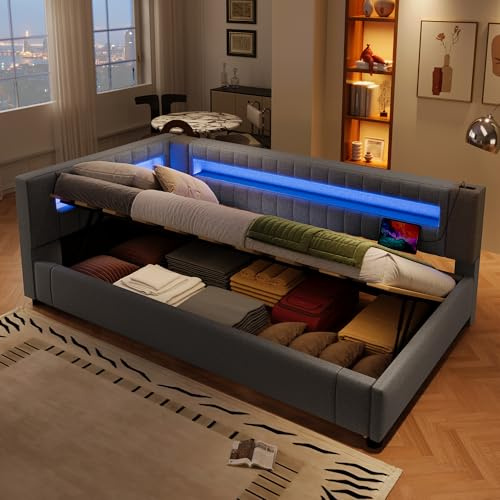 Polsterbett Schlafsofa 90x200cm, Einzelbett mit Hydraulischem Stauraum, mit USB-Ladefunktion, LED-Lichtleiste mit am Ende des Bettes, Tagesbett bett mit Lattenrost (Grau mit Hydraulischem, 90x200CM)