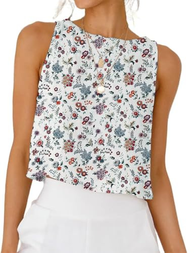 Kinghua Womens Linen Crop Tops Summer Casual Loose Crewneck Sleeveless Tank Top Linen Shirts, Floral White, S
