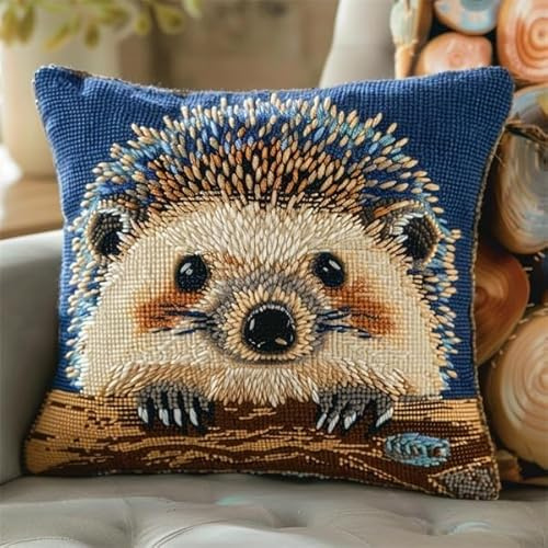 Taxpy Latch Hook Kits DIY Throw Pillow Cover Hedgehog Latch Hook Sofa Cushion Cover Embroidery Craft Kit for Adults and Beginners Pattern Printed Canvas Creativity Crochet Gift 17X17 Inch