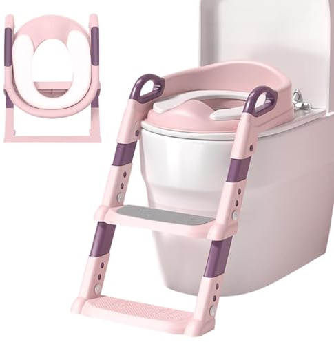 KATLKIU Kindertoiletten-Sitz mit verstellbarer Treppe, tragbar und faltbar, geeignet für V-, U- und O-förmige Toiletten, sicher und stabil, ideal für die Selbstständigkeit von Kleinkindern (Rosa)