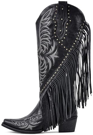 pinokino Cowboy Boots for Women Wide Calf Knee High Leather Fringe Cowgirl Boots Comfortable 2Inch Chunky Heel Side Zipper Boot for Wedding Party Festival Concert Outfit Black Size 12