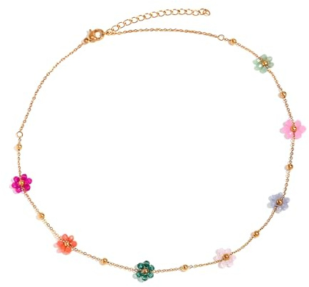 IMINI Daisy Flower Beaded Choker Necklace - Adjustable 18k Gold Plated Stainless Steel Chain 38+5cm, Lightweight Colorful Floral Boho Beach Holiday Jewellery Gift for Women Girls