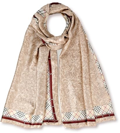 GLORIS Damen schal fein seidig groß 180 x 90 cm Beige mit zartem Blumenmuster und braunem Riemen. Halstuch Tuch für Frauen. Kopftuch Halstuch Schal. Seidenschal Elegante (Beige Blum)