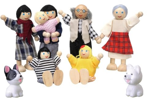 WPNCYK Sets of 9 Wooden Dolls House People with Dogs, Lovely Happy Family Doll Playset, Dolls House Accessories Wooden Figure Set for Dollhouse Playset Accessories Gift