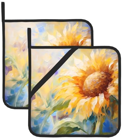 Presine quadrate resistenti al calore con stampa astratta di girasole (set da due) 20,3 x 20,3 cm, tessuti di qualità, anti-scottatura e facili da pulire