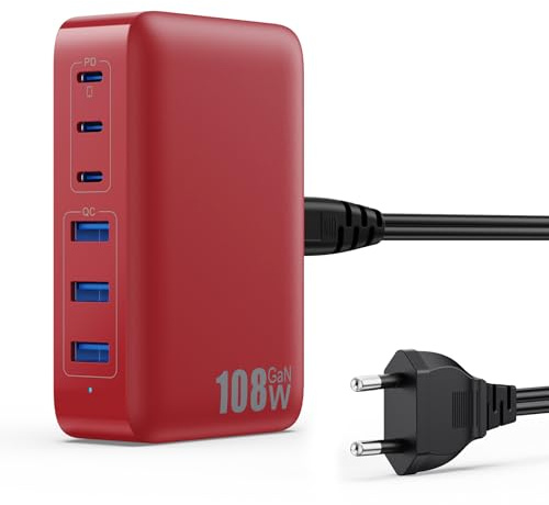 108W Chargeur USB C Multiple, 6 Ports GaN III Tech Chargeur Rapide Prise Station de Charge avec 3 PD & 3 QC Multiprise USB Station pour iPhone 16/15 Huawei Sumsung Switch etc (Rouge)