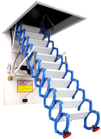 PUZYI Bodentreppe Dachboden-Teleskopleiter, vollautomatische elektrische Klappleiter aus Titan-Magnesium-Legierung, Magnesiumlegierung, Hublager, 1102 lbs Loftleiter(Bleu,70 * 90cm)
