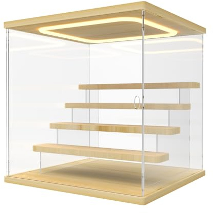 Nynelly Vitrine Acrylique avec LED pour Collection, 5 Niveaux Plexiglas Vitrine Transparente avec Porte et Marches, Boite Presentoir Anti-Poussière pour Figurines, Funko Pop, Couleur Bois