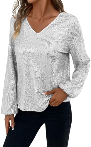 Damen Oberteile Glitzer Langarmshirt Elegant Karneval Pailletten Shirt Langarm Silvester Party Outfit Festliche Blusen Zur Hochzeit Glitzeroberteil V Ausschnitt Glitzershirt Longsleeve