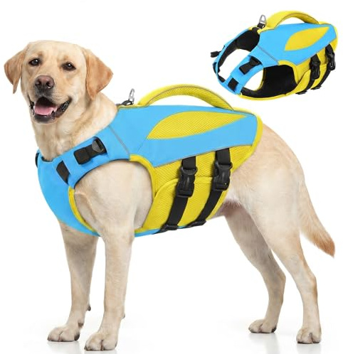 AOFITEE Hunde Schwimmweste XXL, Hoher Auftrieb Schwimmweste Hund Groß Hunde Rettungsweste Mit Griff, Verstellbar Ripstop Hundeschwimmweste Dog Life Jacket Schwimmweste für Golden Retriever, Blau, 2XL