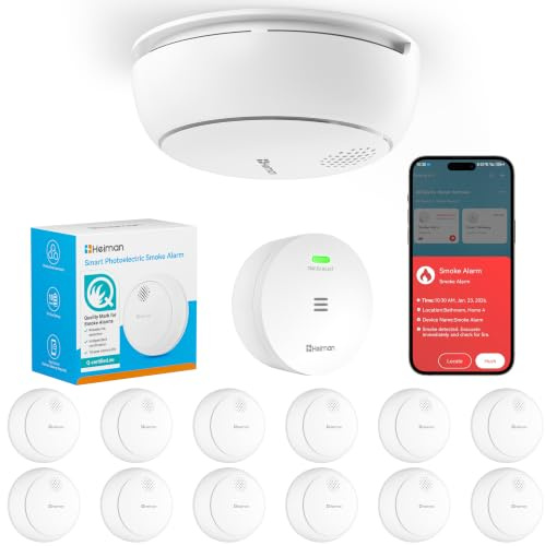 Heiman Smart - Juego de 12 detectores de humo con puerta de enlace y control de aplicación, batería de 10 años, etiqueta Q y EN 14604, detector de humo inalámbrico con soporte magnético, Smart Home