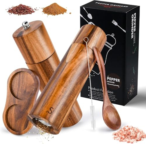 Salt och pepparkvarn trä set, 2 stycken manuella pepparkvarn, kryddkvarn med justerbar keramisk kvarn, saltkvarn med underlägg och borste och sked för chili och alla typer av örter