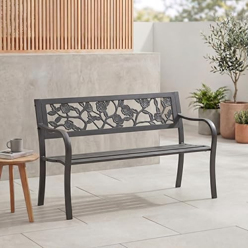 Garden Vida Steel Garden Bench, Rose Design 3 Seater Outdoor Furniture Seating Park Patio Seat , Black