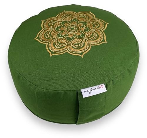 Coussin de méditation « Celine Madeleine » - Broderie - Housse lavable - Vannure d'épeautre bio - 33 x 15 cm - Convient pour les débutants et les expérimentés (olive)