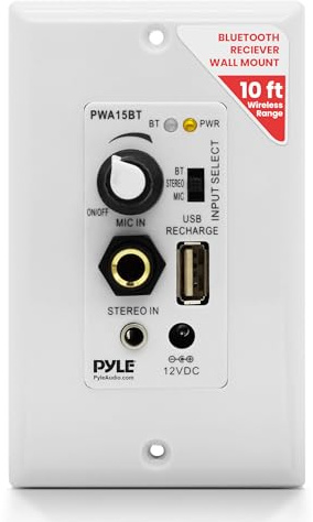PYLE Bluetooth Receiver Wall Mount | in-Wall Audio Control Receiver with Built-in Amplifier | USB, Microphone, Aux (3.5mm) Input | Speaker Terminal Block | Connect 2 Speakers - 100 Watt (PWA15BT.5)