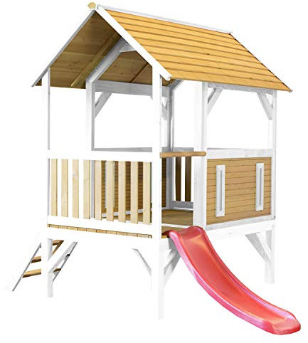 AXI Spielhaus Akela mit roter Rutsche | Stelzenhaus in Braun & Weiß aus FSC Holz für Kinder | Spielturm für den Garten.