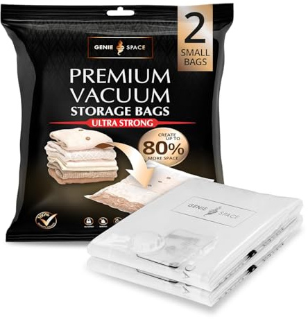 GENIE SPACE Premium Vakuumbeutel für Kleidung, Reisen & Aufbewahrung – Klein 60×40 cm, Luftdicht, Geruchsdicht & Wiederverwendbar – Doppelt versiegelt, 2er Pack