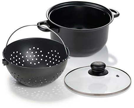 Genius World´s Greatest Pot 3-teilig Kochtopf-Set mit Siebeinsatz 25 cm - Topf drehen, Flüssigkeit abgießen und Speisen bleiben im Sieb - Cooking Pot für Induktion Ceran Elektro A24655 Schwarz