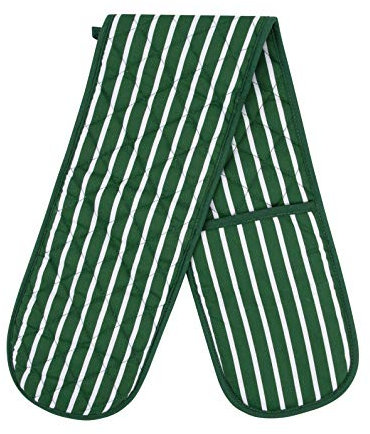 100% Cotton Butcher Stripe Quilted Double Oven Gloves Pot Holder Heat Resistant Mitt Come in Four Colours (Green)