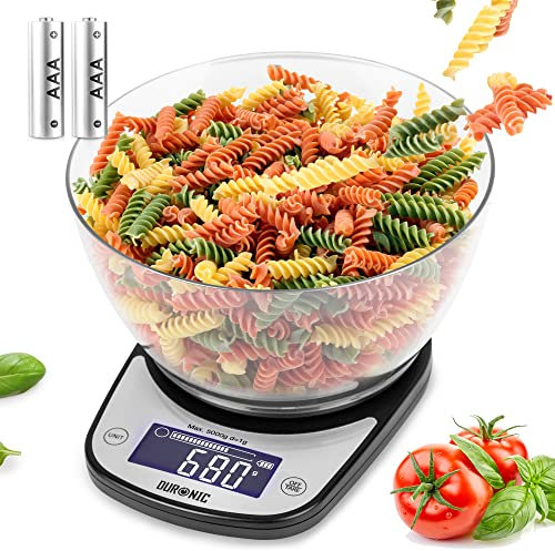 Duronic KS5000 BK/CR Küchenwaage, 5 kg Digitalwaage oval mit 2,5 L abnehmbarer Schüssel, 1 g grammgenau Präzision-Feinwaage, Haushaltswaage mit Tara