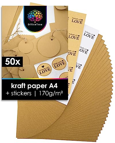 OfficeTree 50 x Kraftpapier A4 inklusive Sticker Set - Craftpapier A4 - Kartonpapier zum Basteln Hochzeit Einladungen, Menükarten - Braunes Papier A4 - Craft Papier zum Drucken und Schreiben