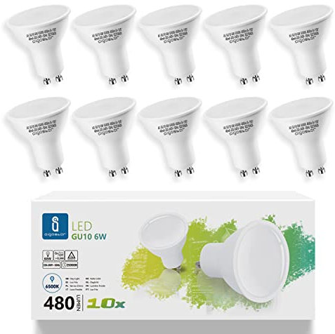 Aigostar Bombilla LED 6W GU10, Luz blanca fría 6500K, 480lm, Esmerilada, no regulable - Caja de 10 unidades