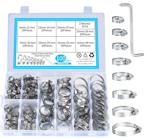 100 Pcs Hose Clips Adjustable 8-44mm Range, Stainless Steel Hose Clamps Assorted Kit, Water Pipe Clamps Clips Assorted with Screwdriver for Gas Automobile Pipe