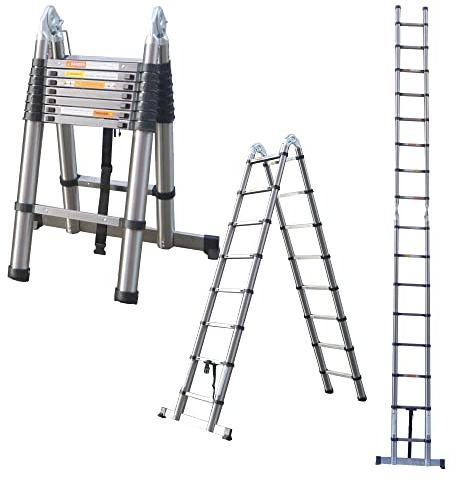 Telescopic Ladders 2.5+2.5m 330LB Capacity Stainless steel Extendable Foldable Portable Builders Multi Purpose Straight Ladder(5m, A-Frame)