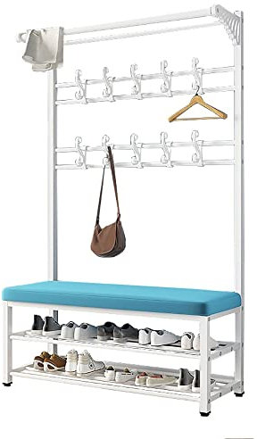 angroups Garderobenständer Vintage mit Sitzfläche,Garderobe mit 2 Ebenen Schuhregal, Multifunktionale Kleiderständer aus Metall mit 10 Haken und Sitzbank für Schlafzimmer Flur,100X30X175CM