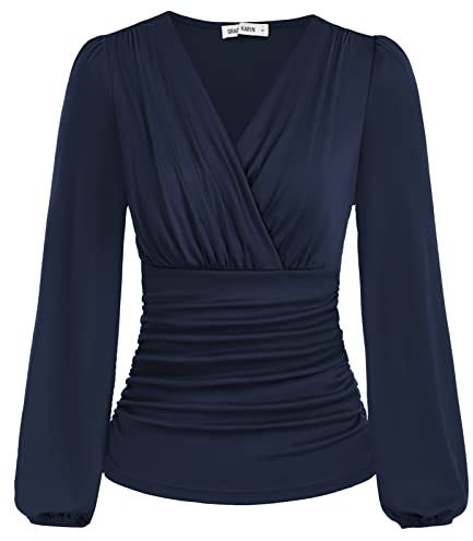 GRACE KARIN Dam V-ringad blus elegant omlottblus lykta långärmad smal passform veckad topp tunika blus, Marinblå, L