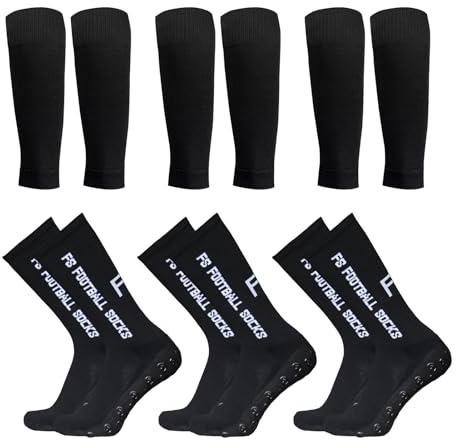 Lixada Juego de 3 Pares de Calcetines de fútbol Antideslizantes y Mangas de Pantorrilla, Calcetines elásticos para Deportes al Aire Libre con agarres