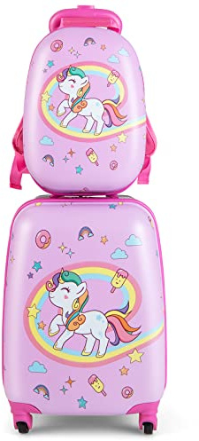 COSTWAY 2tlg Kinderkoffer + Rucksack, Kindertrolley aus Kunststoff, Kindergepäck, Kinder Kofferset Handgepäck Reisegepäck Hartschalenkoffer für Jungen und Mädchen (Einhörner, 12+16)