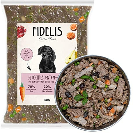 Fidelis – Gekochtes Frische-Menü Ente für Hunde 10 x 500g - Premium Hunde Futter mit 70% Fleischanteil und frischen Zutaten - Proteinhaltiges Hundefutter nass nicht extrudiert - Zucker- & Getreidefrei